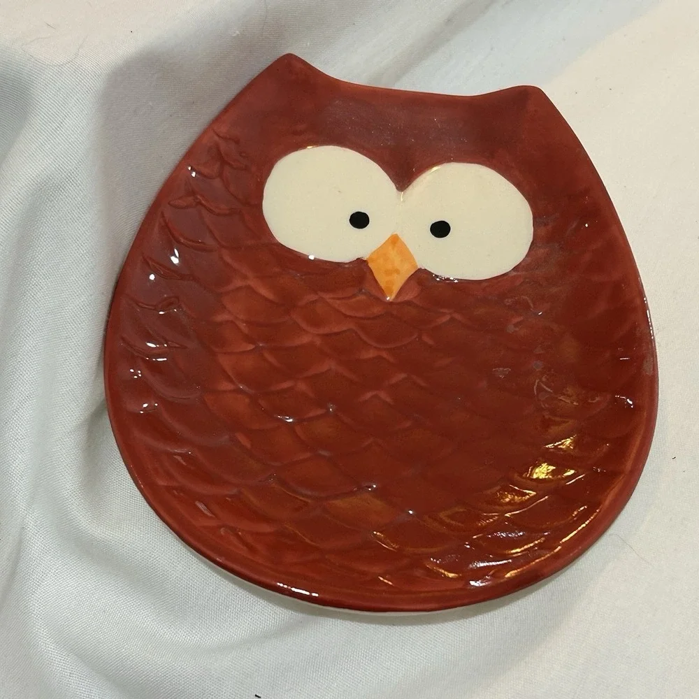 Ceramic Owl Trinket Dish‎ Red/burgandy